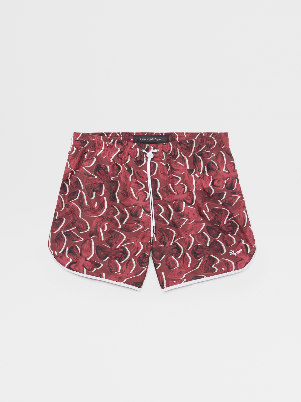 深红色花抽象几何印花中长款平角泳裤